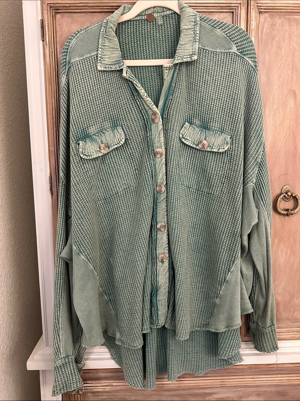 Free People Green Waffle Button-Up Shirt Jacket